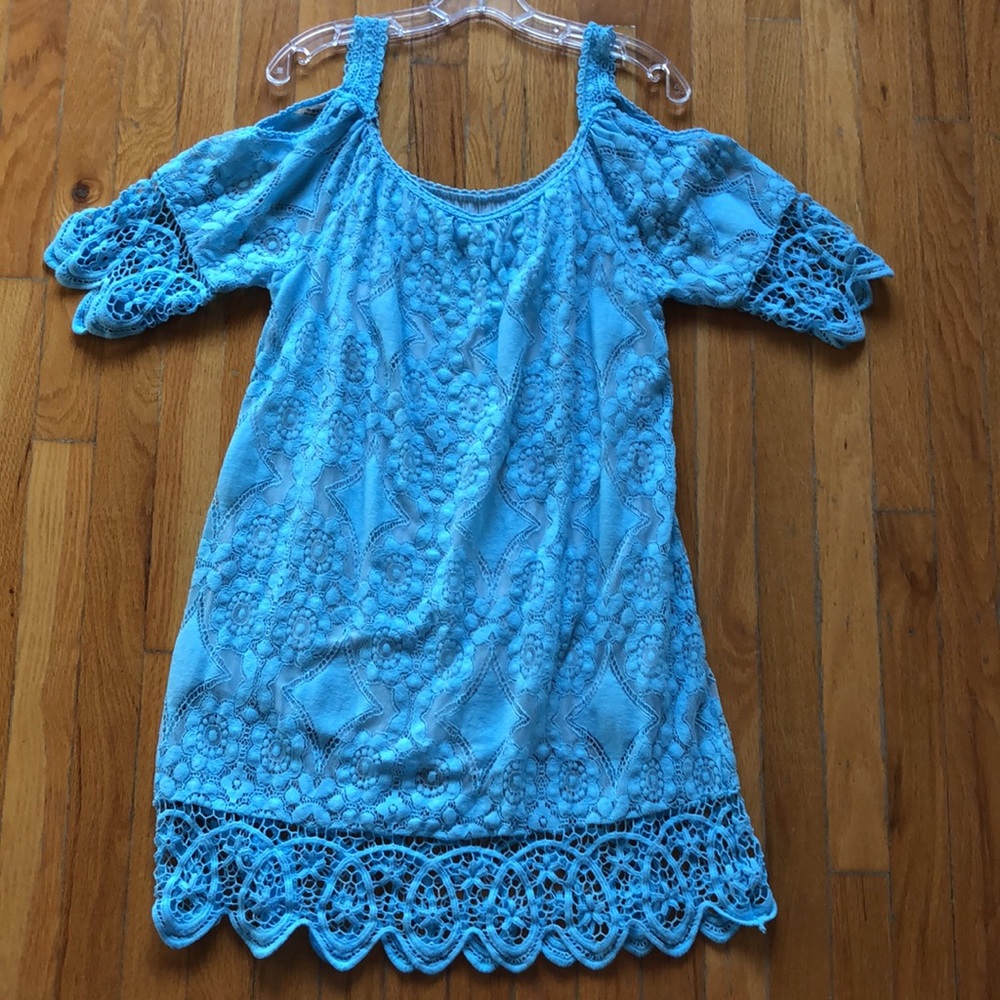 Blue cold shoulder lace dress. Comfy. See pics for measurements. Bright blue!